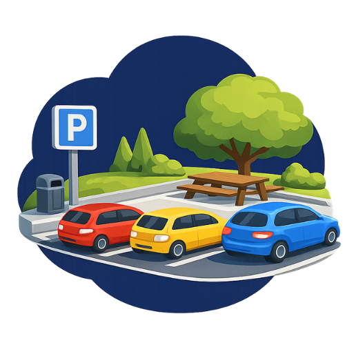 Motorway rest area with parking spaces and picnic facilities